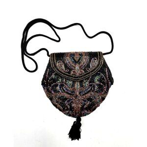 Vintage Towanny Black Metallic Beaded Evening Clutch Crossbody Bag 1980's